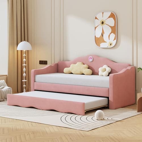 LifeSky Beige Velvet Tufted Twin Day Bed Frame