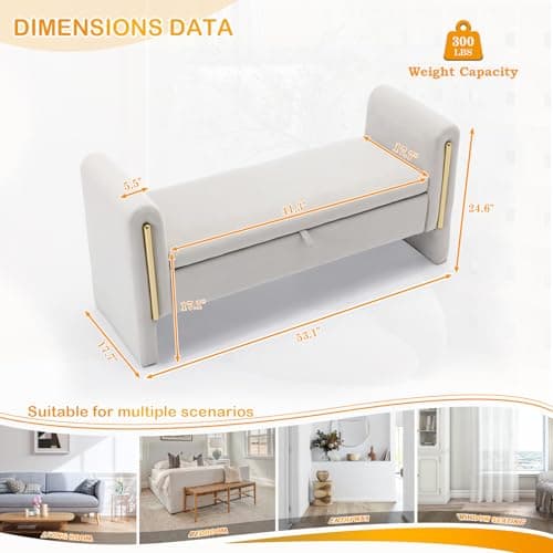 Modern Velvet Ottoman Storage Bench 53W - Velvet-Ivory