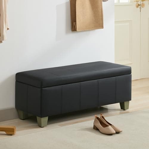 Black Brown Faux Leather Storage Ottoman with Wooden Legs