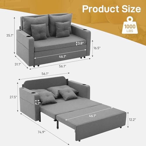 3-in-1 Full Size Grey Sleeper Sofa Bed with Storage & USB, Living Room & Bedroom Essential