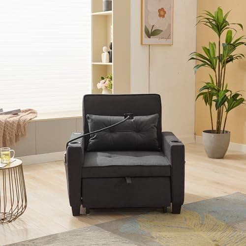 Livavege 3-in-1 Convertible Sleeper Sofa Chair, Linen Futon with Phone & Cup Holders
