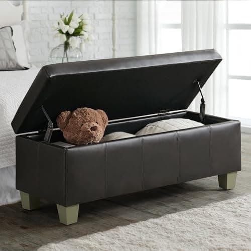 Black Brown Faux Leather Storage Ottoman with Wooden Legs