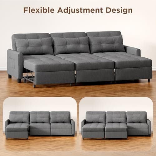 Aiho 84 Inch Pull Out Couch withAdjustable Backrest & Ottoman, Dark Grey