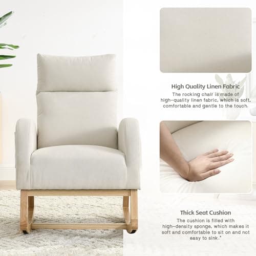 Modern Nursery Rocking Chair with Side Pockets & Solid Wood Legs (Fabric-Beige)