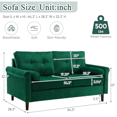 JEEOHEY 64 Inch Mid-Century Modern Green Velvet Love Seat Sofa Furniture