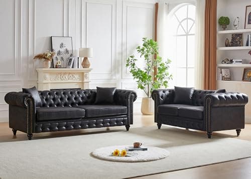Mid-Century Modern Black 2-Seater Chesterfield Sofa with Nailhead Trim