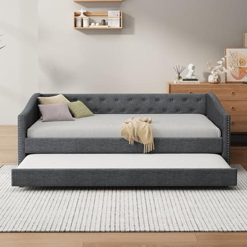 Full Size Upholstered Day Bed with Drawers & Tufted Back, Dark Grey