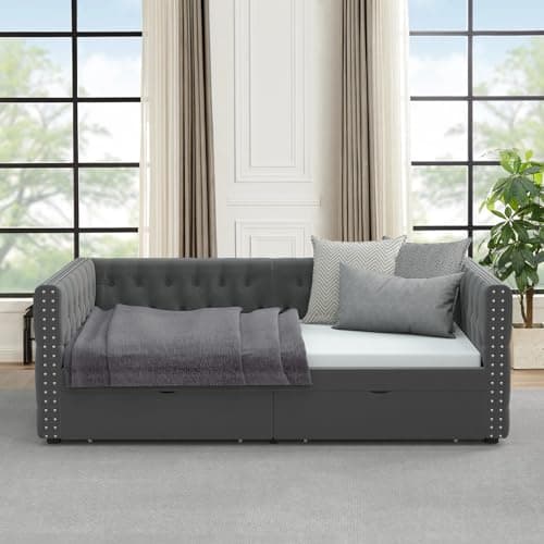 Modern Velvet Twin Size Daybed with Storage Drawers and Nailhead Trim