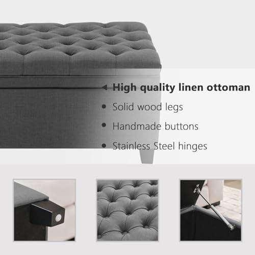 Dark Grey 50 Inch Storage Ottoman with Tufted Bench and Wood Legs