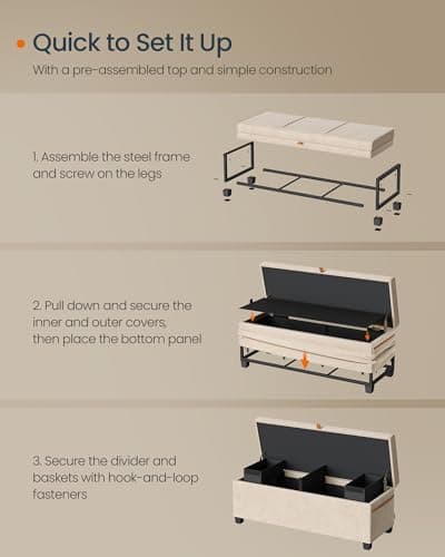 SONGMICS Home Storage Bench, 15.7 x 43.3 x 15.7 Inches, 27 Gal. (103 L), Cappuccino Beige ULSF533L01
