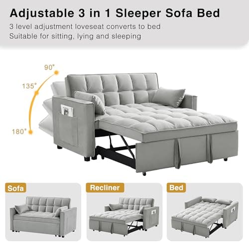 3-in-1 Convertible Living Room Couch Bed, Grey Velvet Fabric | Side Pocket & Adjustable Backrest