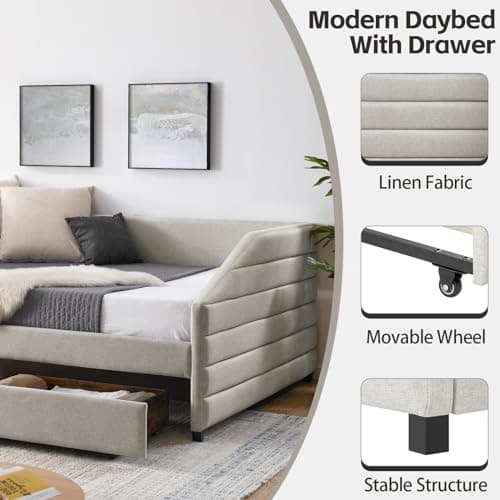 JEEOHEY Queen Size Daybed with Storage, Modern Linen Upholstered Sofa Bed for Living Room and Guest Room, Beige