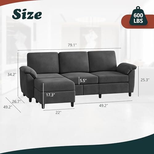 Vongrasig 79" L-Shaped Convertible Sofa, 3 Seater Linen Fabric Couch (Bk)