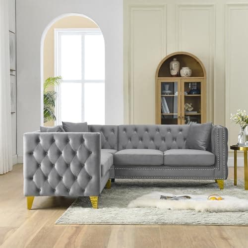 Oversized Velvet L Shaped Chesterfield Sofa with Deep Seat Corner, Button Nailhead Detail, Grey Color
