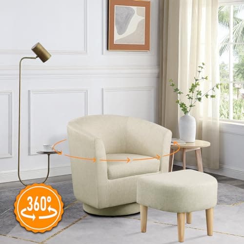 Beige Swivel Accent Chair with Ottoman for Comfortable Living & Reading Rooms