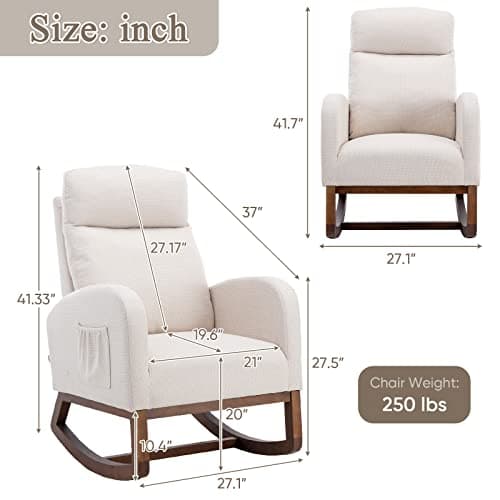 Modern Nursery Rocking Chair with Solid Wood Legs and Side Pockets