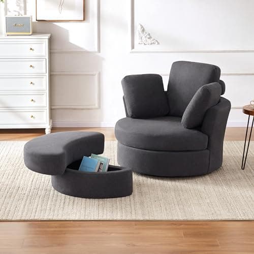 39 Swivel Accent Barrel Chair with Removable Headrest and Ottoman, Grey