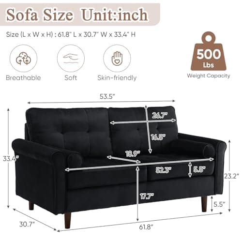 Mid-Century Modern Small Couch for Small Space, with Throw Pillows, in Black