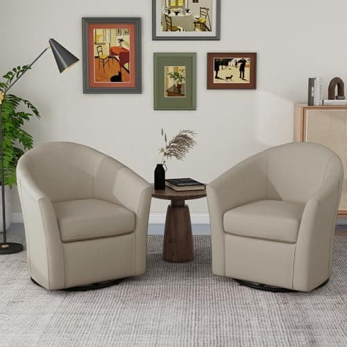 Flax Brown UIXE 360° Swivel Barrel Chair Set (2)fabric Living Room, Bedroom