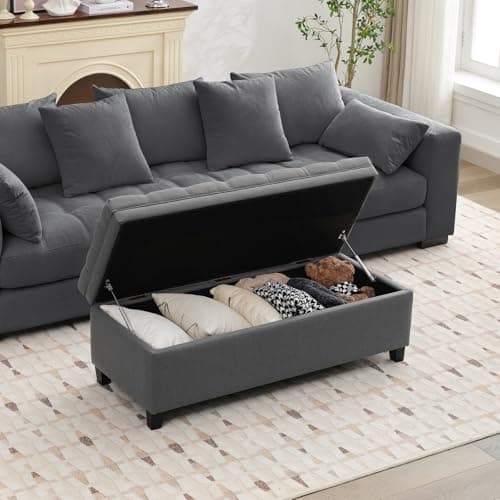 Dark Grey 50 Inch Storage Ottoman with Tufted Bench and Wood Legs