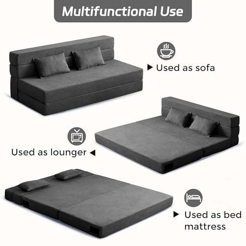 3-in-1 Foldable Sofa Bed, Dark Gray Queen Mattress, Memory Foam Cushion, Living Room Essential