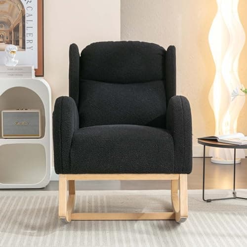 Rocking Chair for Nursery: Teddy Upholstered Glider with Side Pockets and High Backrest in Black