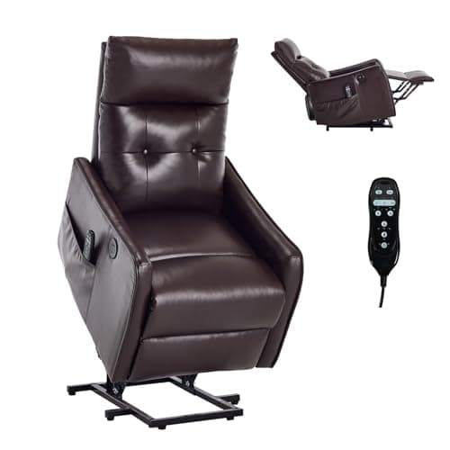 Power Lift Recliner Chair with Heat and Massage for Elderly, Electric Recliner Chairs with Standing Assistance, 2 Cup Holders, 4 Pockets, USB Charge Port, Breathable Leather Brown