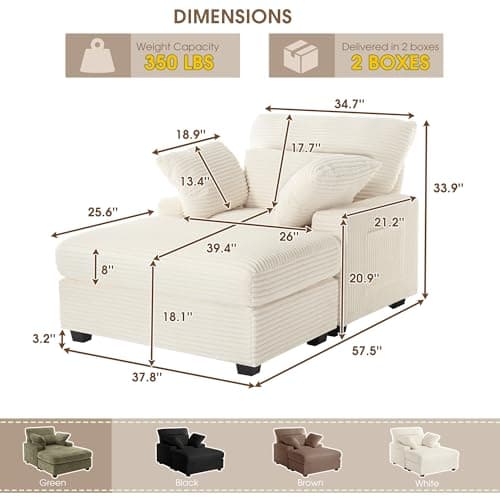 Oversized Indoor Chaise Lounge Chair with Ottoman - 57.5 Corduroy Sofa for Bedroom, Living Room, Office (Beige)