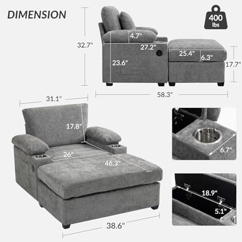 Light Grey Chenille Chaise Lounge with Ottoman & USB, Storage Armrests, & Side Pockets