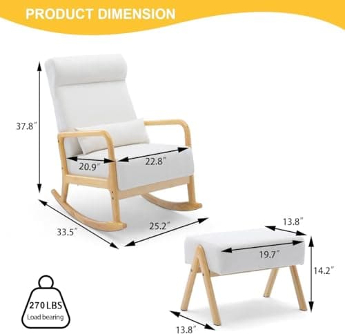 HOMREST Mid-Century Modern Rocking Chair with Ottoman & Side Pocket, White