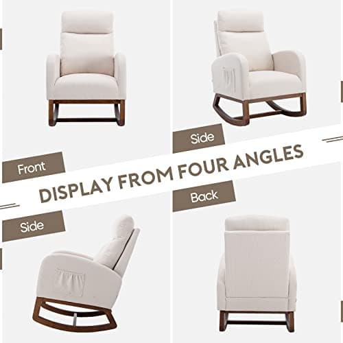 Modern Nursery Rocking Chair with Solid Wood Legs and Side Pockets