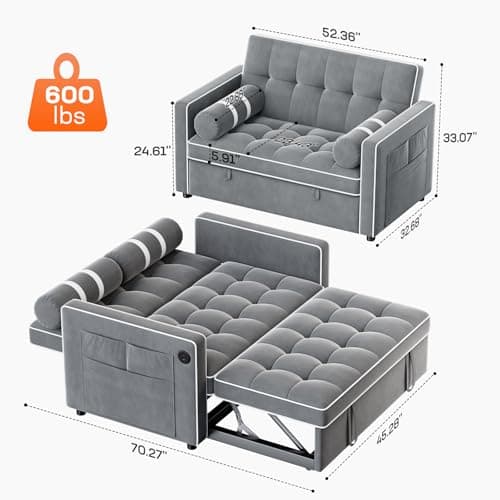 Amada 3-in-1 Convertible Couch, Grey Velvet Sleeper Sofa Bed