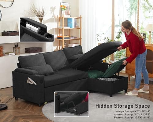 DURASPACE 2-in-1 Sectional Sleeper Sofa with Storage, USB & Cup Holder (Dark Gray)