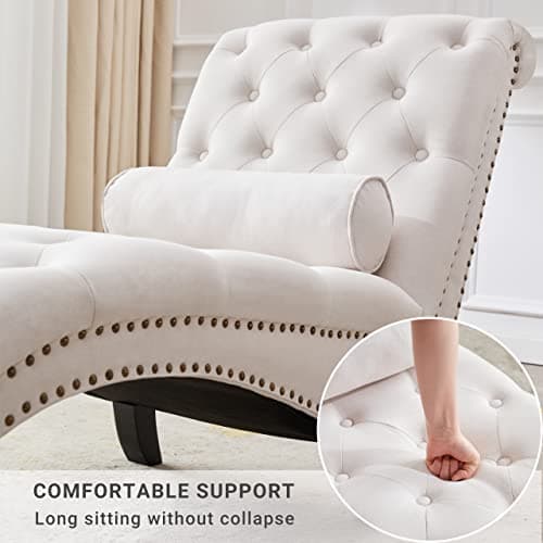 Beige Button-Tufted Armless Chaise Lounge with Solid Wood Legs & Pillow for Living Room