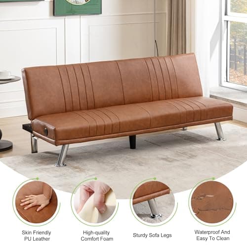 VECELO Modern Convertible Couch Bed, Faux Leather Futon, Brown