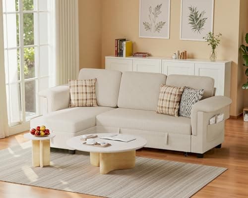Homall Beige Linen L-Shaped Sleeper Sofa with Storage