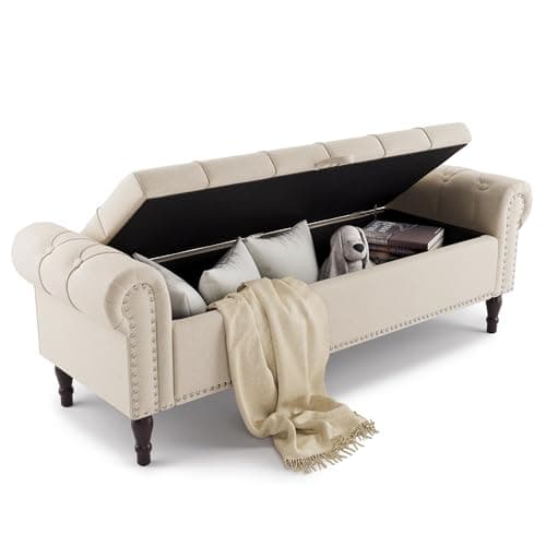 Linen Button Tufted King Ottoman for Bed End, Window Seat with Nailhead Trim