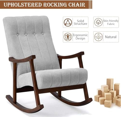 AVAWING Light Grey Fabric Upholstered Rocking Chair, Modern Living Room Armchair