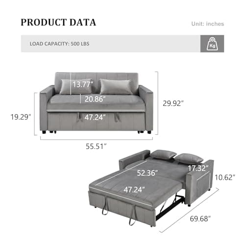 Modern 55.51 Convertible Velvet Sofa Bed with Adjustable Backrest and Storage – Grey