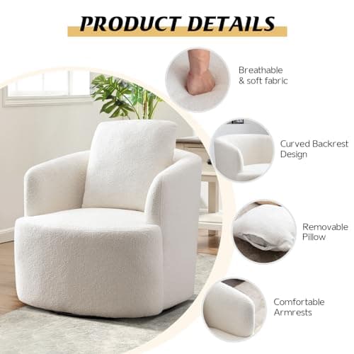 CANMOV Round Swivel Accent Chair, White, Comfy Teddy Boucle Armchair with Pillow