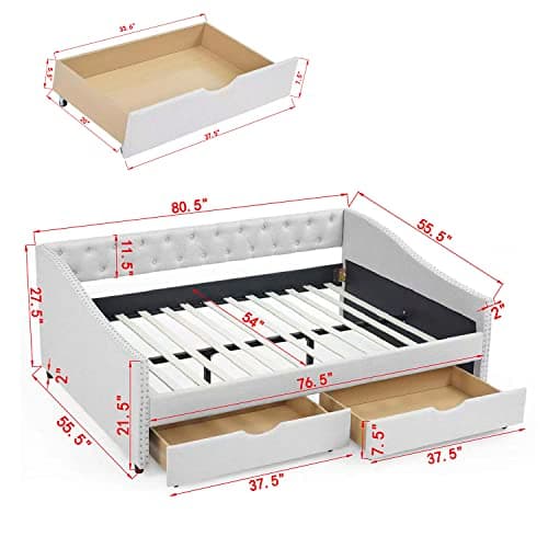 JEEOHEY Beige Button Tufted Full Size Upholstered Daybed with Drawers