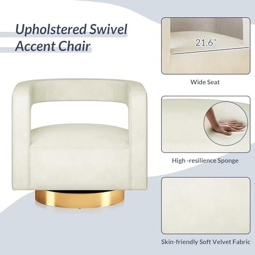 BELLEZE Ivory Gold Base Swivel Chair, Modern Barrel Velvet Living Room Chair
