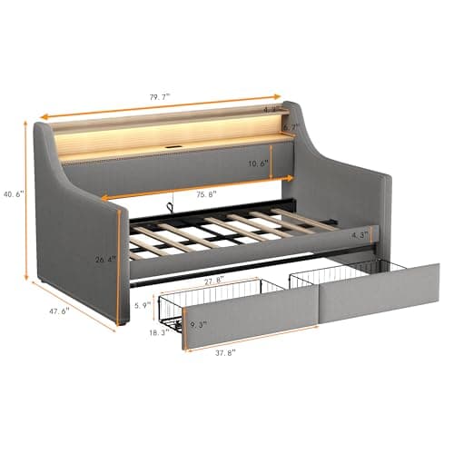 Twin Size Daybed with Storage Drawers, Charging Station and LED Lights, Gray Linen Fabric
