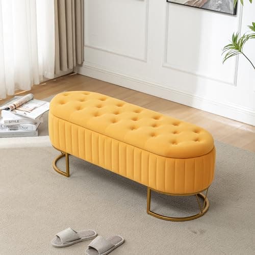 Modern Velvet Upholstered Storage Bench with Golden Metal Legs - Ivory
