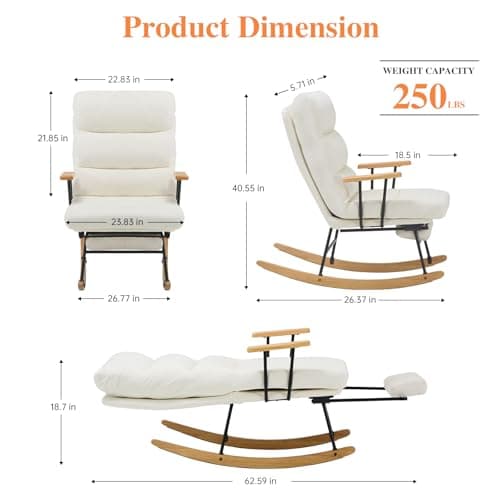 Retractable Footrest Rocking Chair, Teddy Upholstered, Beige, Modern Living Room Chair