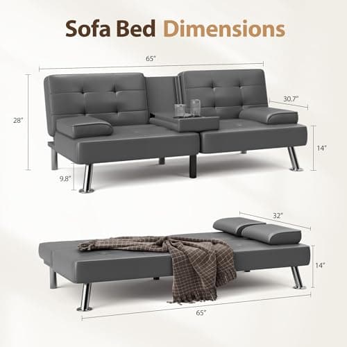 Shahoo Gray Faux Leather Convertible Futon Sofa Bed Couch