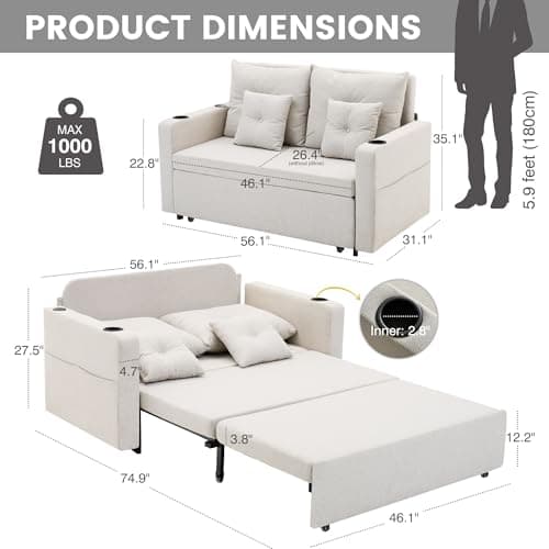 3-in-1 Pull-Out Couch, 56" Convertible Sleeper Sofa, Beige, Living Room/Bedroom Furniture