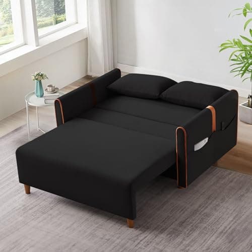 Convertible Sleeper Sofa Bed with Pull Out Bed, Comfy Velvet Loveseat Couch Bed with Storage, Pillows for Living Room, Apartment, Black