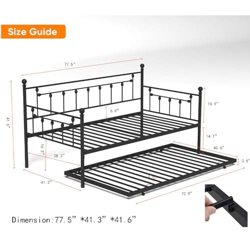 Twin Size Daybed with Trundle, Metal Sofa Bed Frame (Black)
