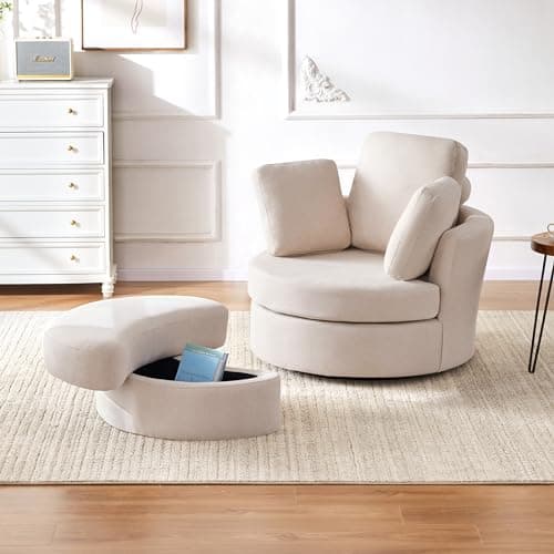 Swivel Accent Barrel Chair with Removable Headrest and Neck Support Pillow, Living Room Oversized Chair with Ottoman – Beige